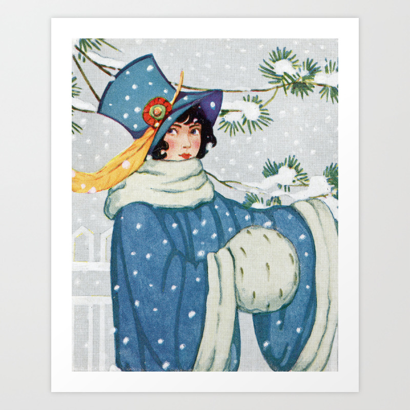 Blue Lady In The Snow Vintage Postcard 1900s Art Print By