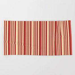 [ Thumbnail: Red & Beige Colored Stripes/Lines Pattern Beach Towel ]