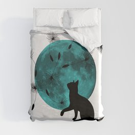Turquoise Moon black Cat dandelions Duvet Cover