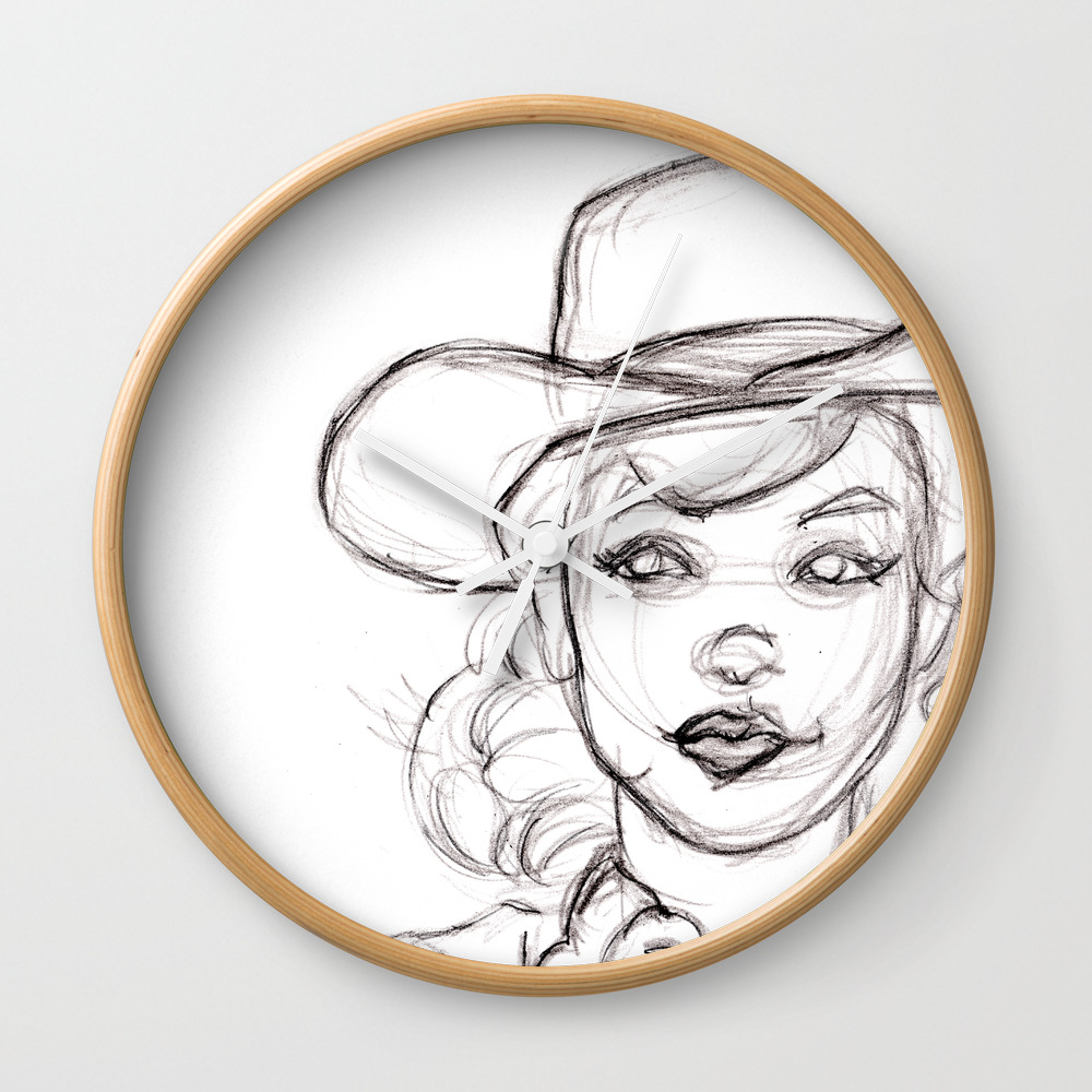 Pencil Drawing Sketch Of Retro Girl In Cowboy Hat Wall Clock By