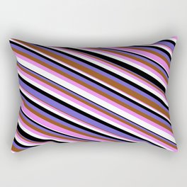 [ Thumbnail: Eye-catching Slate Blue, Brown, Violet, White & Black Colored Pattern of Stripes Rectangular Pillow ]