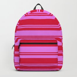 [ Thumbnail: Crimson and Violet Colored Stripes/Lines Pattern Backpack ]