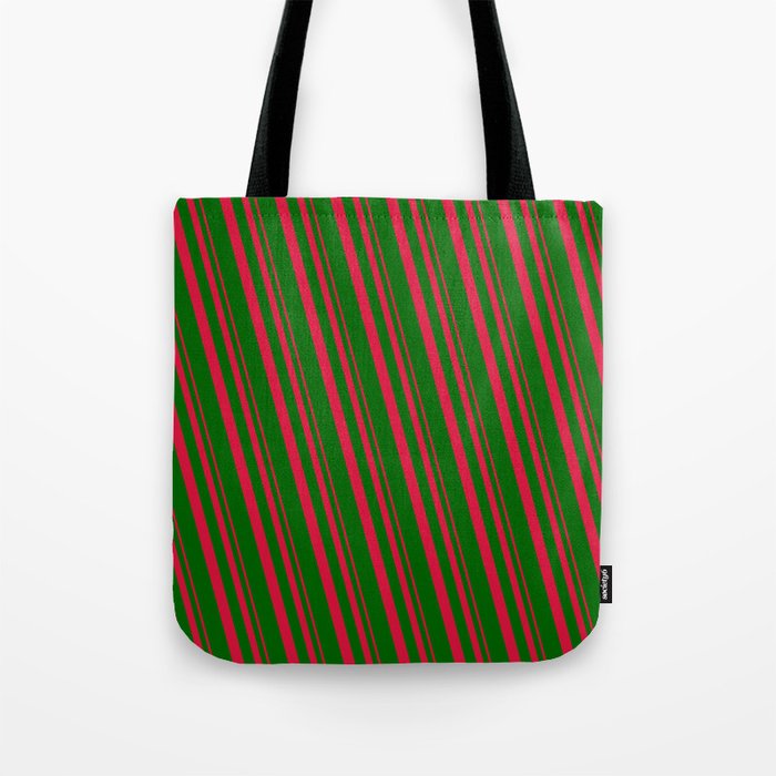 Crimson & Dark Green Colored Lined/Striped Pattern Tote Bag