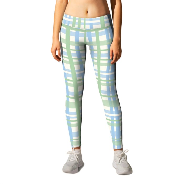 Spring Plaid Pattern in Light Green, Baby Blue, and Cream Leggings