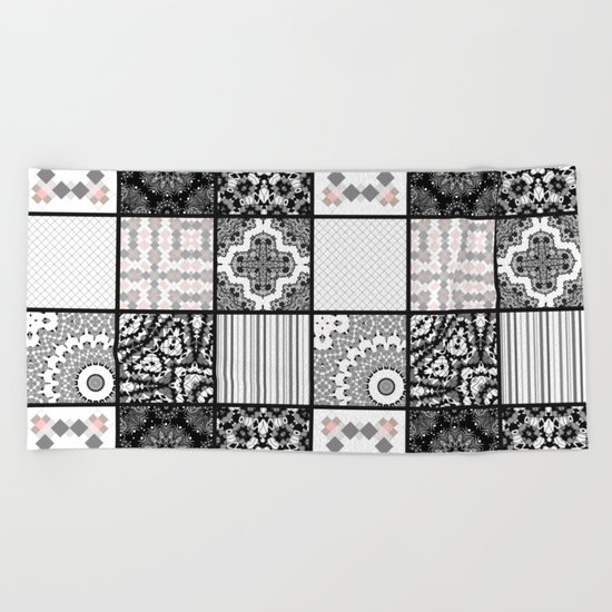 Patchwork . Squares of black, gray Patterns . Beach Towel