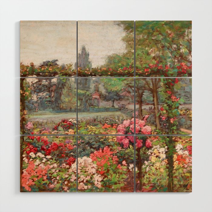 Un jardin d'ete flower garden with Cathedral - post impressionist flowers landscape oil by Octave Guillonnet Wood Wall Art