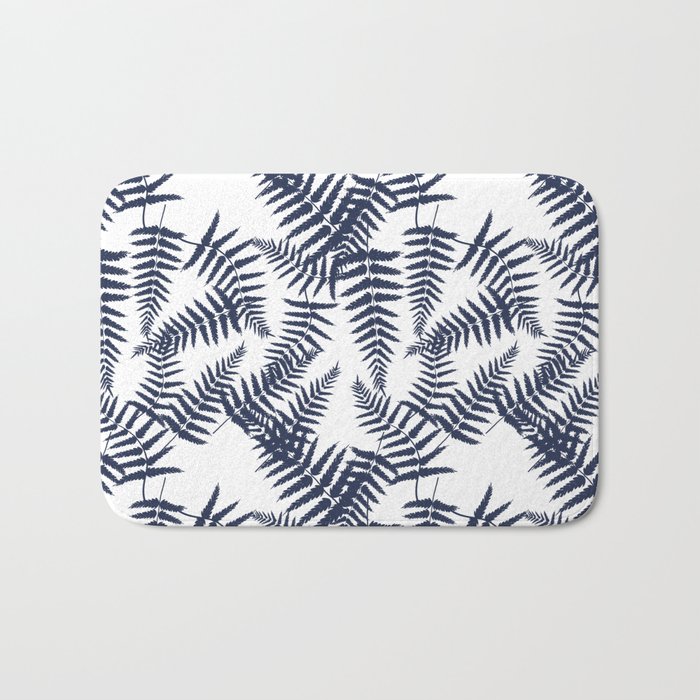 Navy Blue Silhouette Fern Leaves Pattern Bath Mat