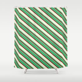 [ Thumbnail: Sea Green, Dark Red, and Beige Colored Lined Pattern Shower Curtain ]