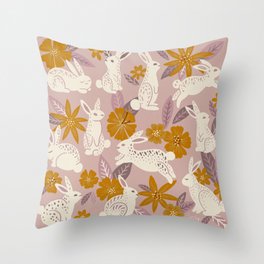 Bunnies & Blooms – Mauve & Ochre Palette Throw Pillow