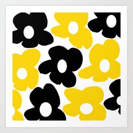 Large Yellow and Black Retro Flowers White Background #decor #society6 #buyart Art Print