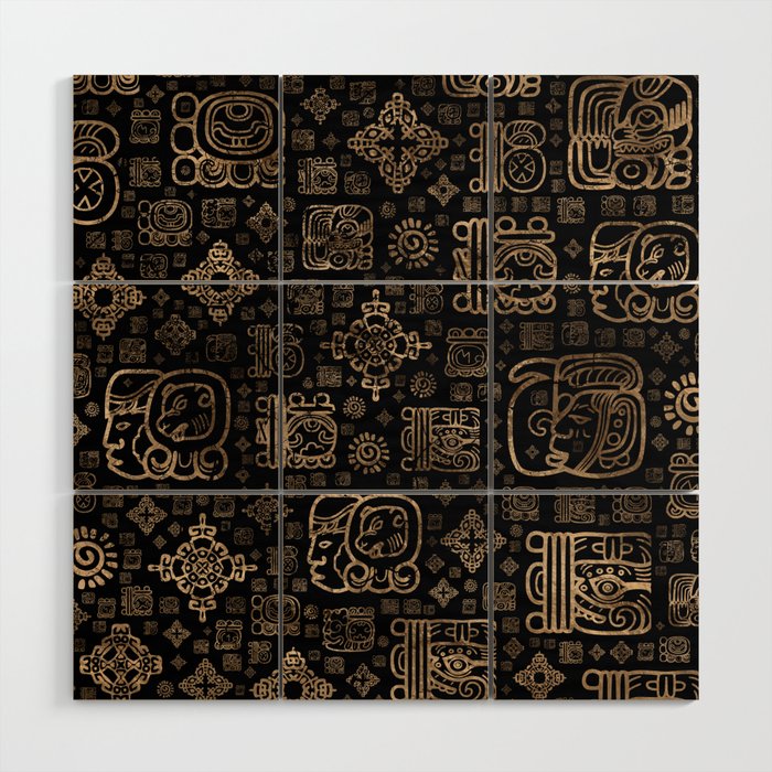 Mayan glyphs and ornaments pattern -gold on black Wood Wall Art