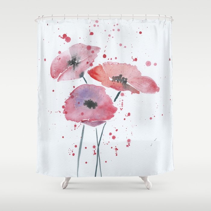 Red poppy flowers watercolor painting Shower Curtain