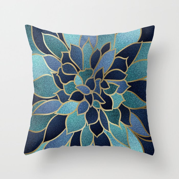 Festive, Floral Prints, Navy Blue, Teal and Gold Throw Pillow