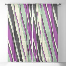 [ Thumbnail: Purple, Dark Sea Green, Light Yellow & Black Colored Lines/Stripes Pattern Sheer Curtain ]
