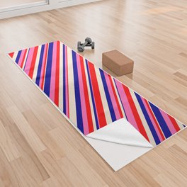 [ Thumbnail: Beige, Red, Hot Pink, and Dark Blue Colored Stripes/Lines Pattern Yoga Towel ]