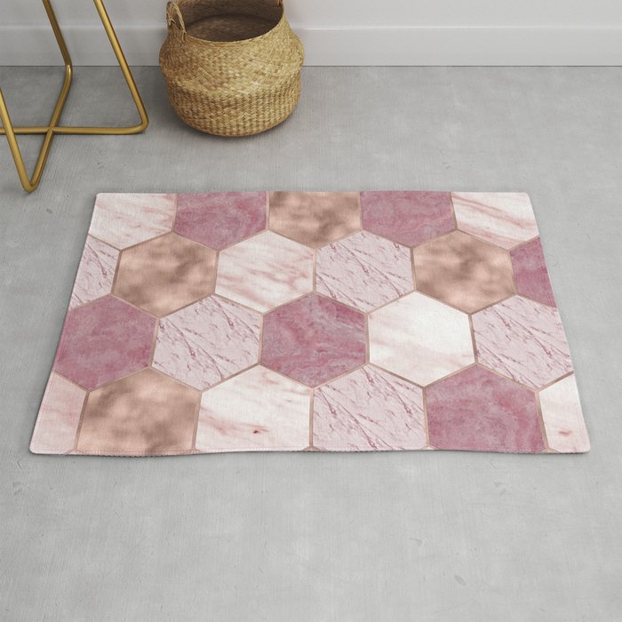 Pink marble honeycomb with rose gold accents Rug
