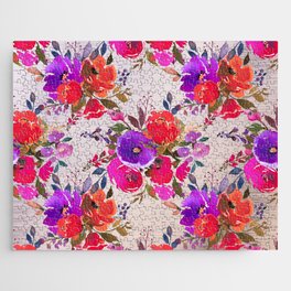 Elegant Botanical Pink Purple Orange Watercolor Silver Floral Jigsaw Puzzle