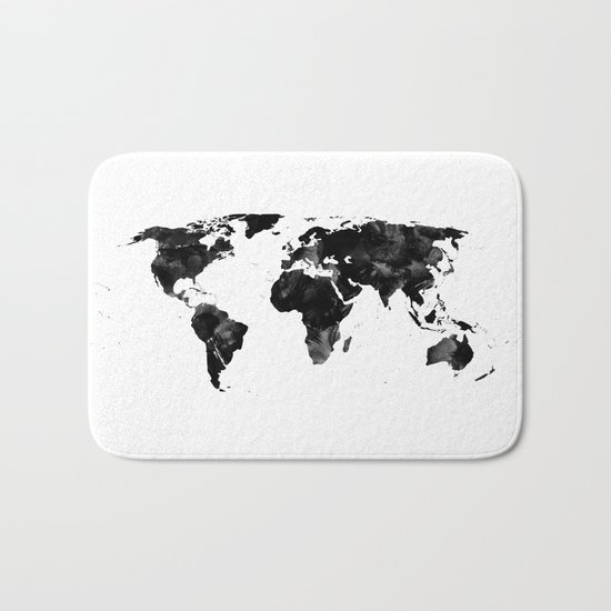 Black watercolor world map Bath Mat