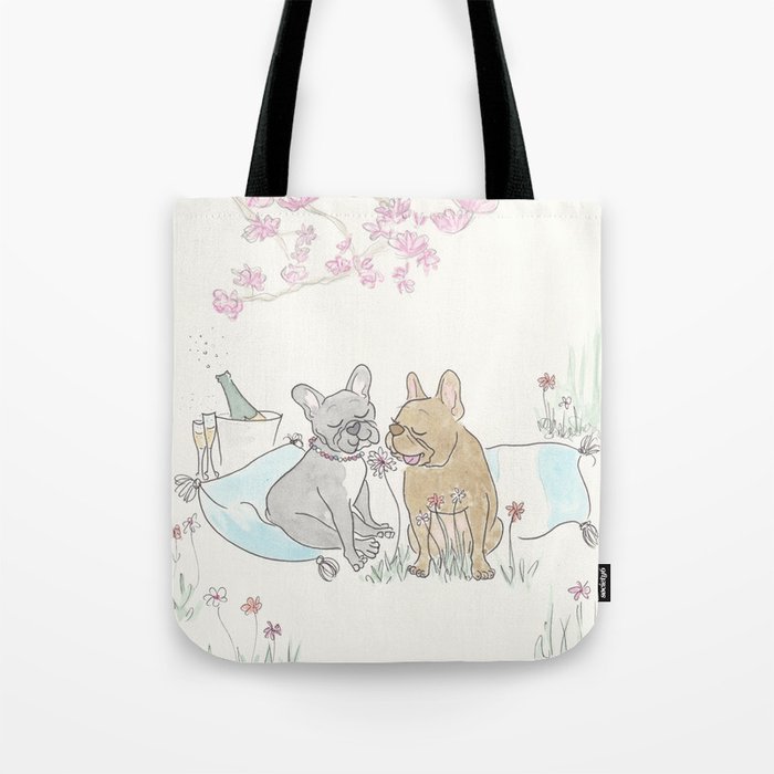 French Bulldogs Romantic Picnic Illustration Tote Bag
