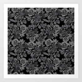 Black Gray Monochrome Watercolor Floral Leaves Art Print