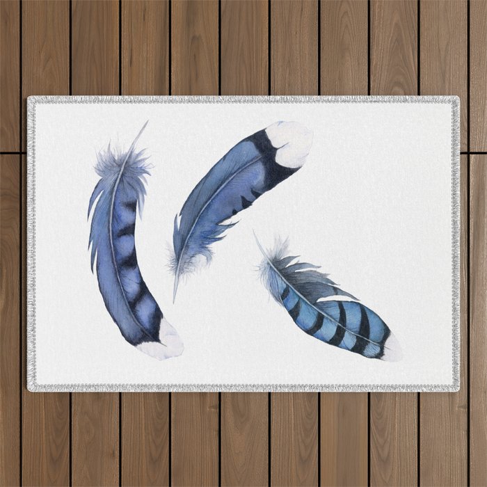 Falling Feather, Blue Jay Feather, Blue Feather watercolor painting by Suisai Genki Outdoor Rug