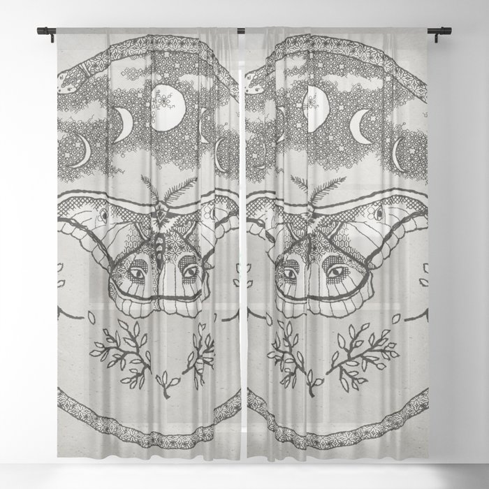 Blackwork Mystical Moth Altar Art Sheer Curtain