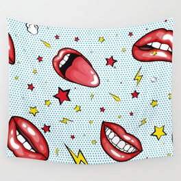 Seamless pattern cartoon comic super speech bubble labels with text, sexy open red lips with teeth, retro pop art illustration, halftone dot vintage effect background Wall Tapestry