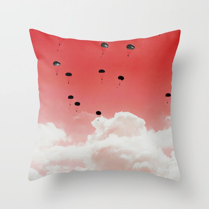 Parachutes falling down the red colored dutch sky - abstract pastel color photo print art Portrait Mode Throw Pillow