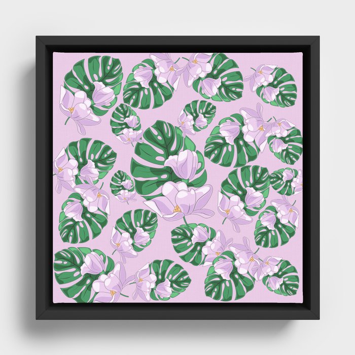 Botanical Pattern With Tropical Monstera  Leaves and Purple Flowers Framed Canvas