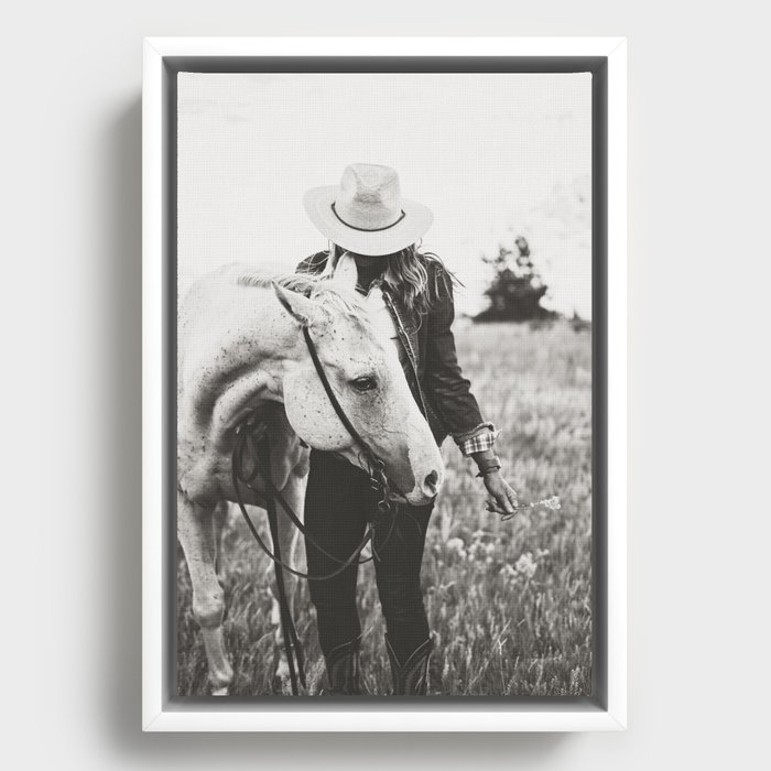 A Cowgirl & Her Horse - Black & White Photo Framed Canvas