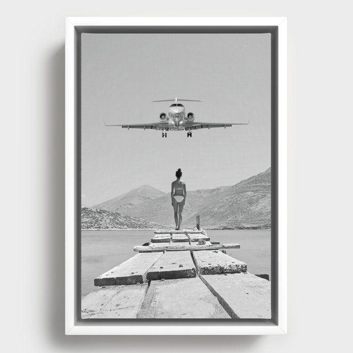 Steady As She Goes; aircraft coming in for an island landing black and white photography- photographs Framed Canvas