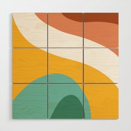 70s Retro Groovy Pattern in Teal, Yellow, White, Orange and Brown Wood Wall Art