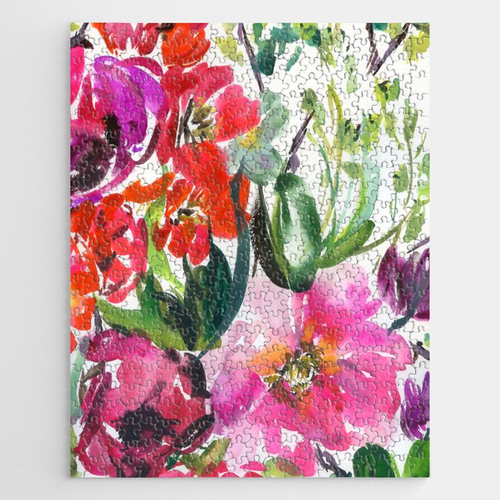 pink peonies in red and green Jigsaw Puzzle