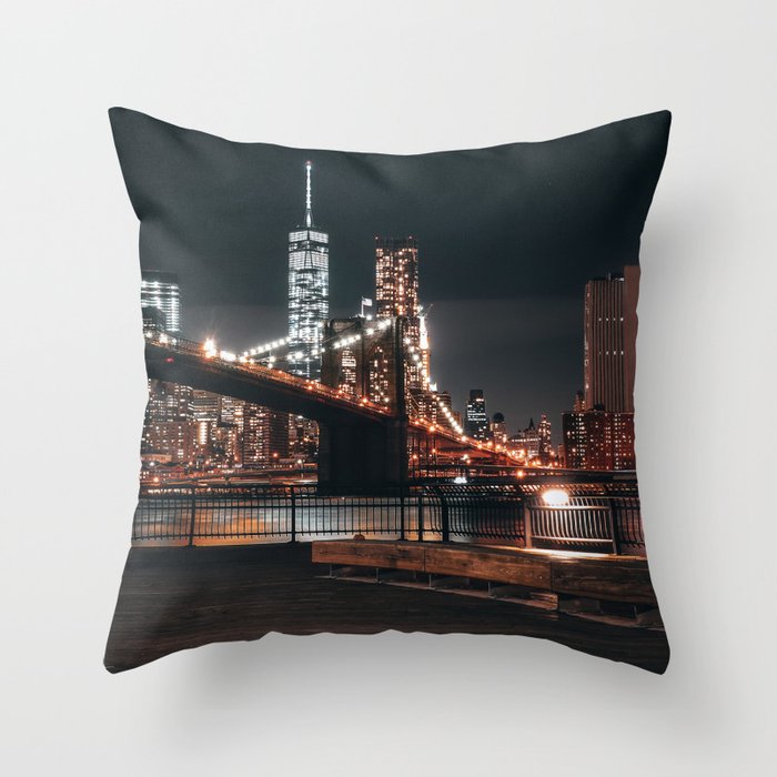 Brooklyn Bridge and Manhattan Skyline at night in New York City Throw Pillow