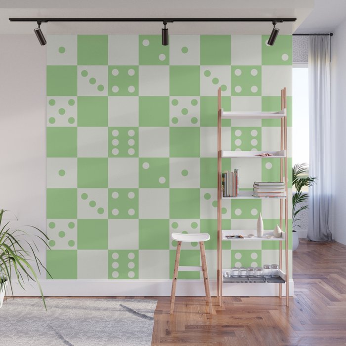Checkered Dice Pattern (Creamy Milk & Spring Green Color Palette) Wall Mural