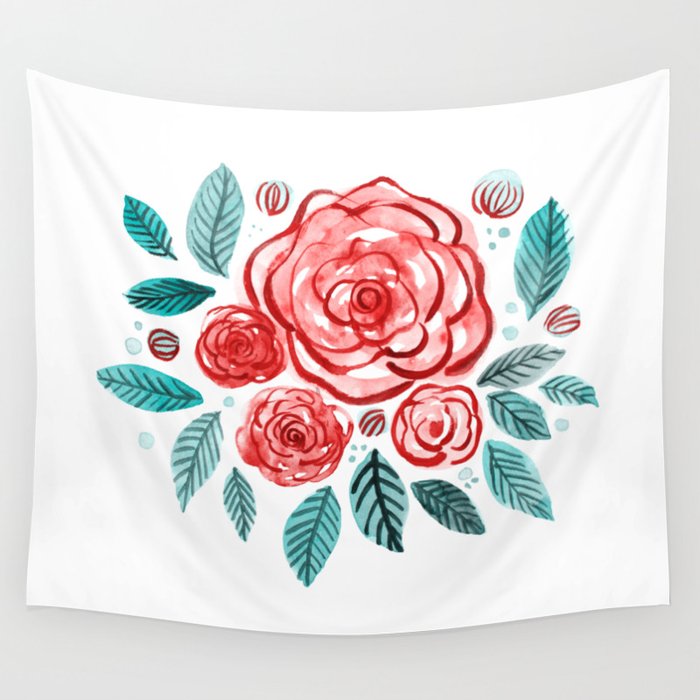 Spring roses bouquet - orange red and emerald Wall Tapestry