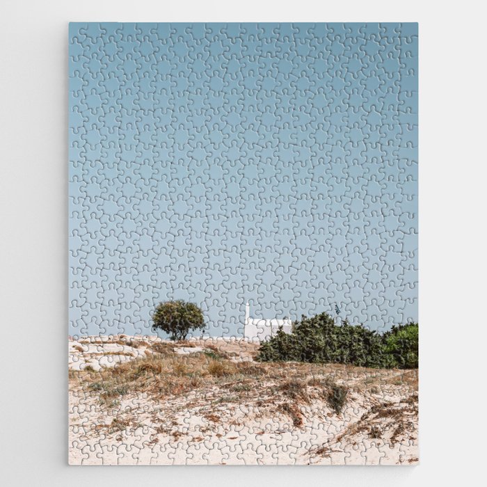 White Church and Blue Sky - Vintage Greek Scene - Travel Photography in Naxos, Island of Greece Jigsaw Puzzle