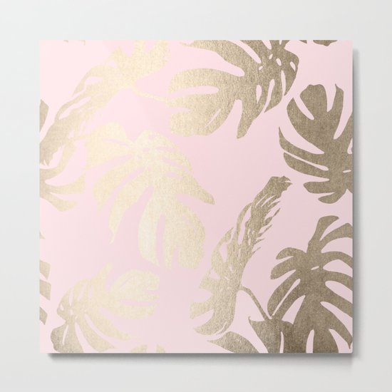 Simply Tropical Palm Leaves White Gold Sands on Flamingo Pink Metal Print