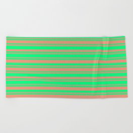 [ Thumbnail: Green and Dark Salmon Colored Lined Pattern Beach Towel ]