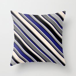 [ Thumbnail: Eye-catching Midnight Blue, Beige, Dark Grey, Dim Grey & Black Colored Striped Pattern Throw Pillow ]