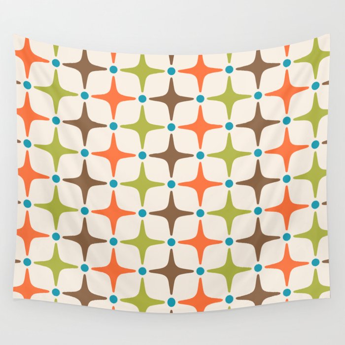 Mid Century Modern Populuxe Starburst Pattern 814 Autumn Brown Orange Turquoise Chartreuse Wall Tapestry