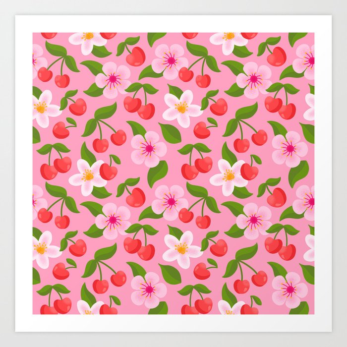 Cherry Pattern on Pink Art Print