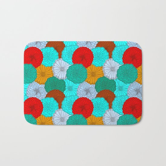 Bright Flowers, pattern in red, teal, green, violet, and gold Bath Mat