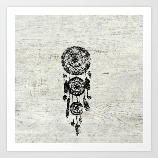 Hipster Lace black dreamcatcher on white wood Art Print