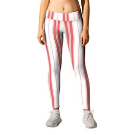 Apple Red and White Vintage American Country Cabin Ticking Stripe Leggings