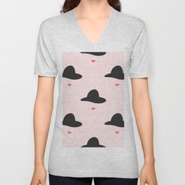 Seamless pattern with repeating silhouettes of women's lips and hats. Repeated feminine design. Simple vintage illustration.  V Neck T Shirt