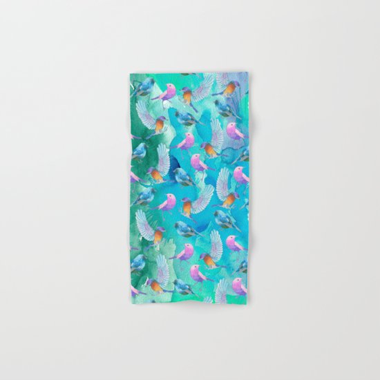 Birds in the sky- Bird animal pattern on aqua backround Hand & Bath Towel