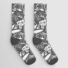 Dark Grey and White Surfing Summer Beach Objects Seamless Pattern Socks