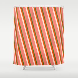 [ Thumbnail: Forest Green, Red, Beige, and Salmon Colored Lined/Striped Pattern Shower Curtain ]