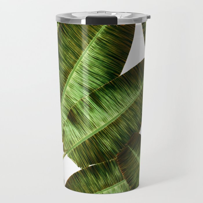 Tropical banana leaves, jungle leaf seamless floral pattern white background. Artistic palms pattern with seamless repeating design. Pattern summer Travel Mug